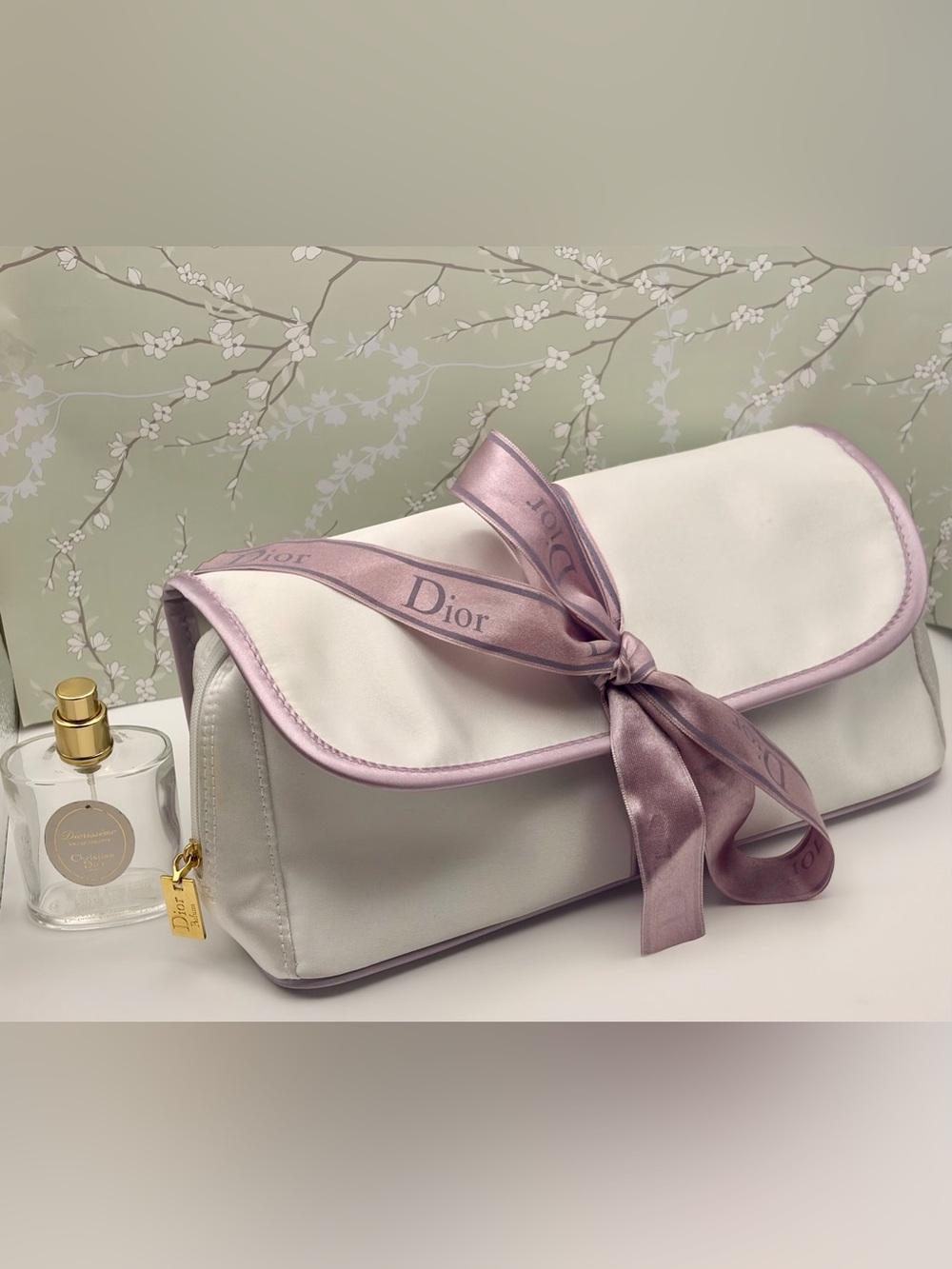 DIOR White Clutch/Bag with Blush Pink Logo Ribbon. NWOT True Elegance Rare Find!